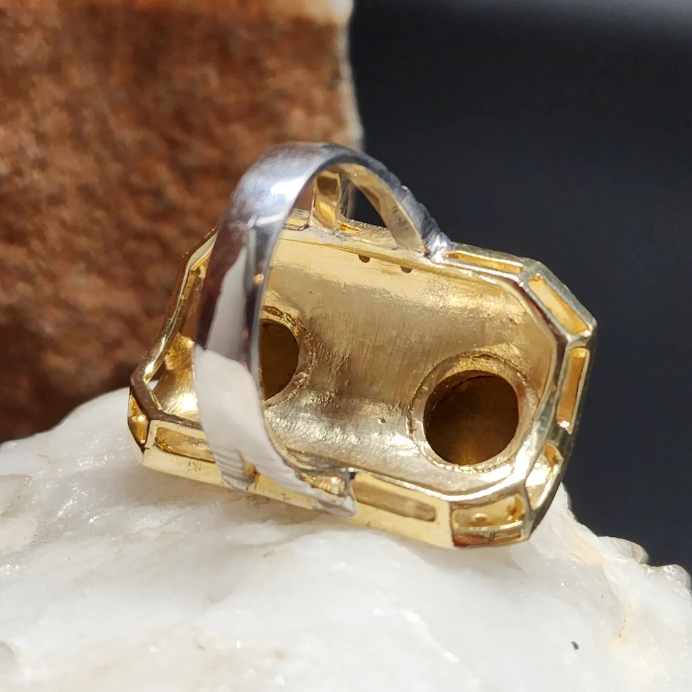 Solid Sterling Silver 925/18k Gold Massive Ring Raw Diamond/Tiger Eye Stone